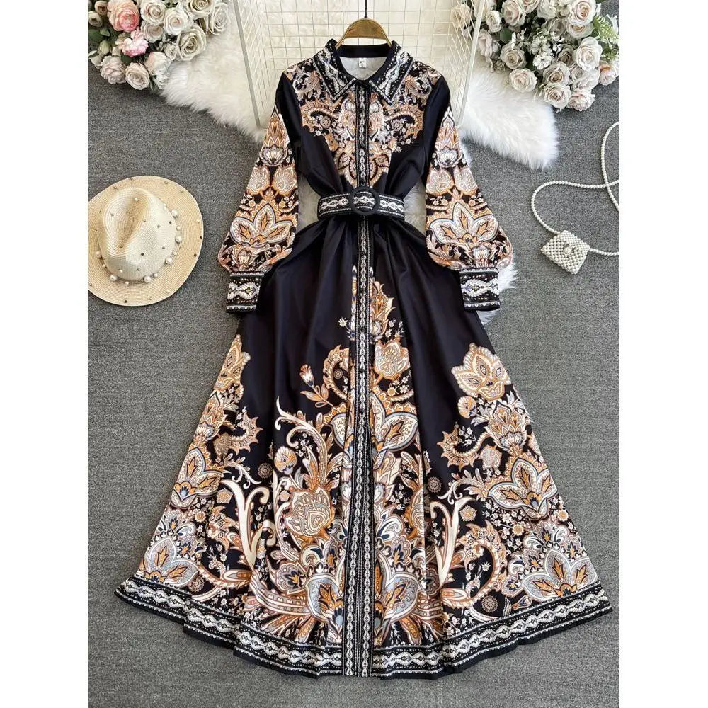 Elegant Vintage Court Style Long Sleeve Collared Slim Fit Print Shirt Dress Knitted Fabric Midi Skirt Length Button Detail