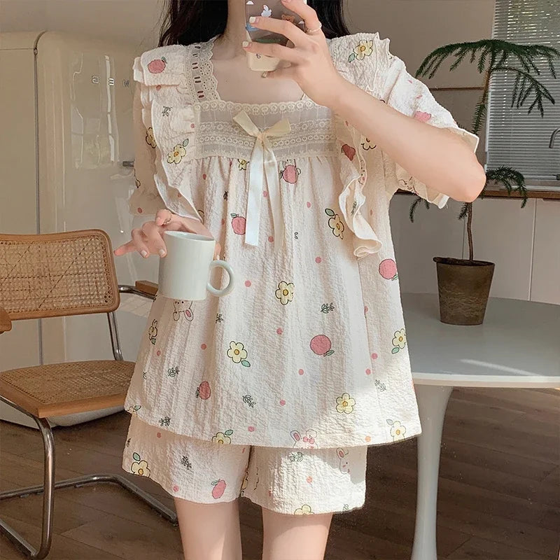 Women's Summer Floral Animal Print Short Sleeve Pajama Set  Cute Cartoon 2-Piece Pajamas Square Collar Kawaii Nightwear