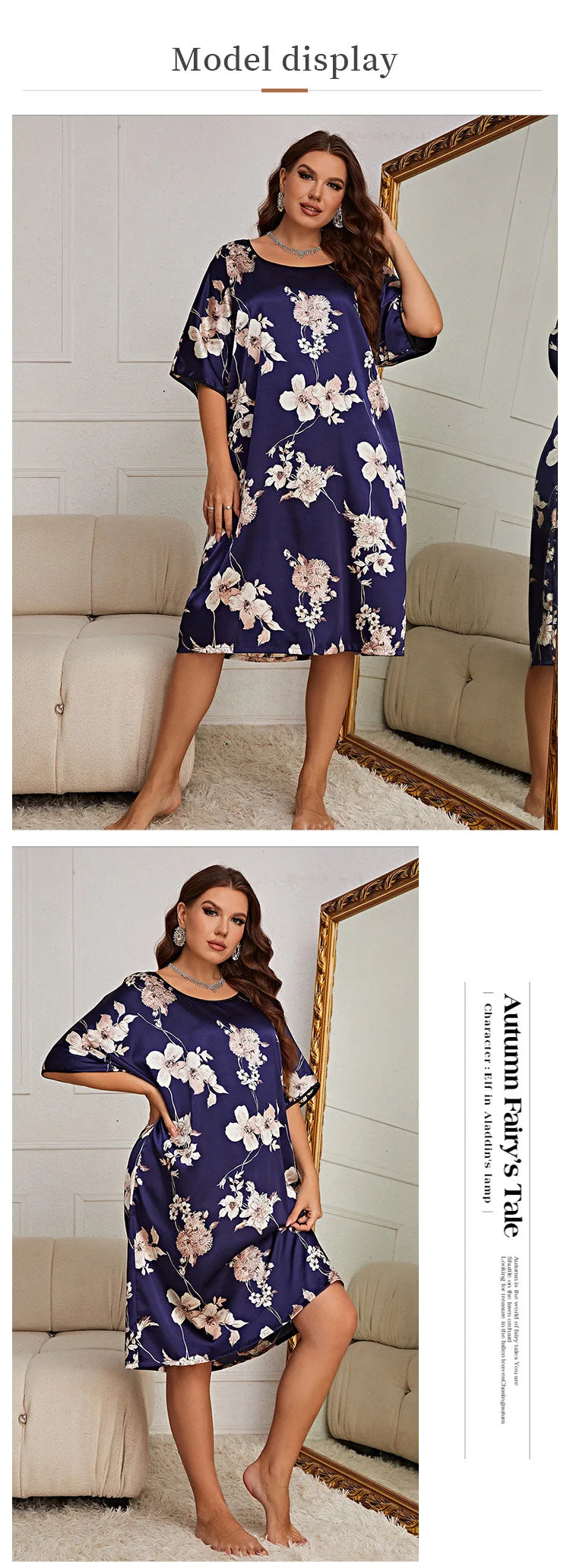 LX New plus size sleepwear, women's mid to long print pullover dress, home wear, silk ice silk nightgown