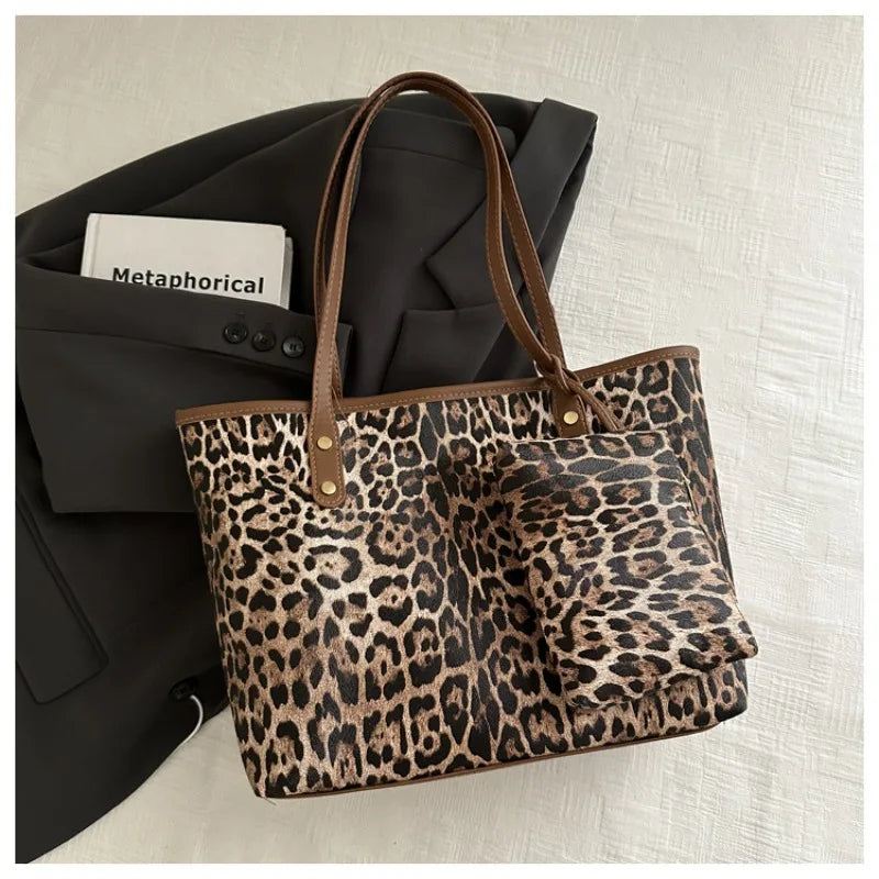 Women's Leopard Print Tote bag Pu Leather Underarm Bags Simple Casual Travel Shopping Bag Large Capacity Mother and Child Packag