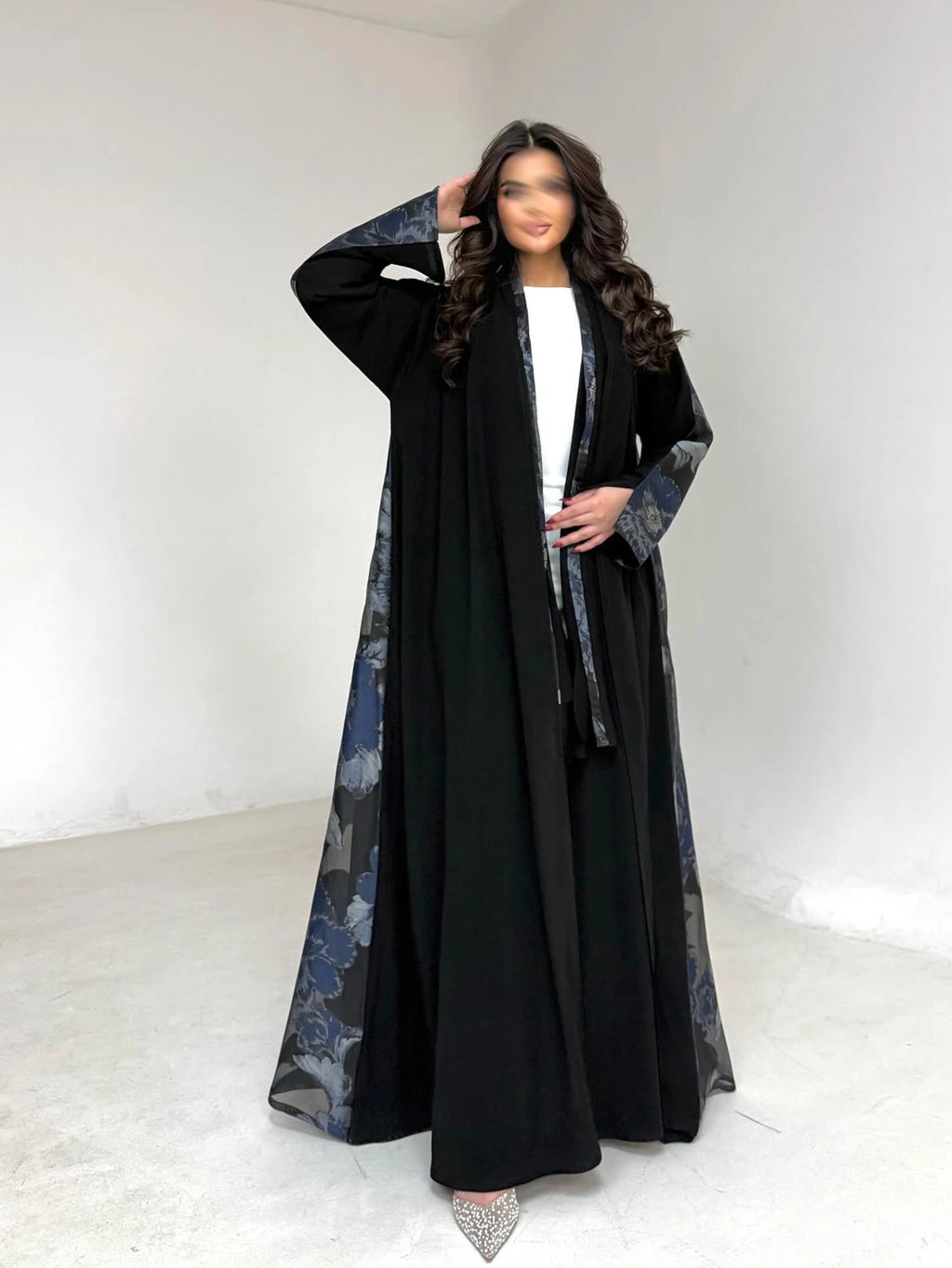 Women's Black Floral Print Abaya, Loose Long-Sleeved Elegant Arab Robe
