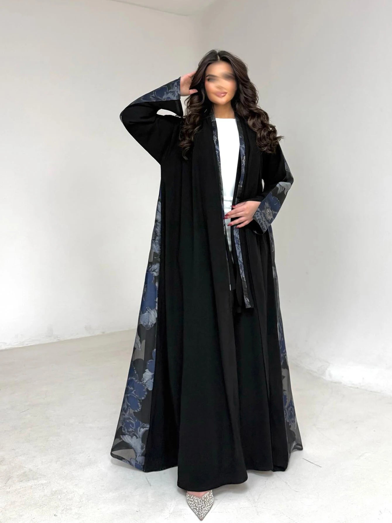Women's Black Floral Print Abaya, Loose Long-Sleeved Elegant Arab Robe