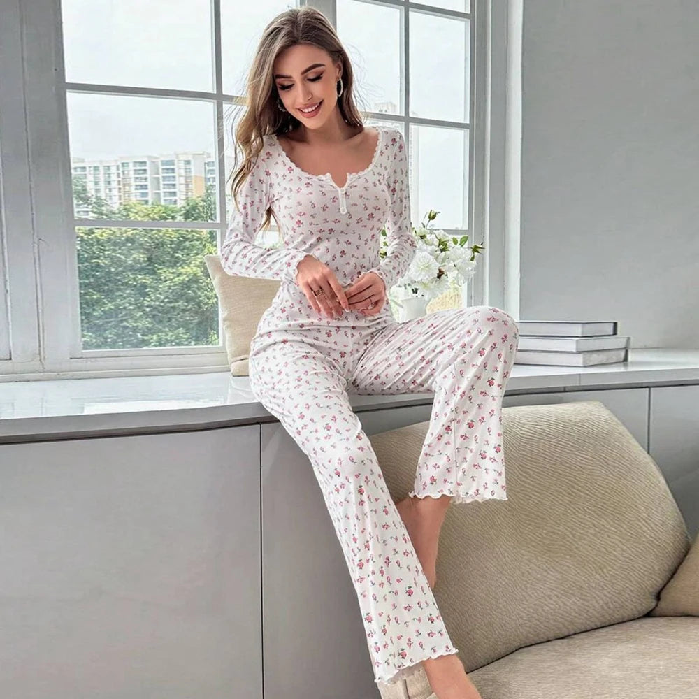 Women Sexy Floral Print Pajama Sets Soft Comfortable Long Sleeve Top and Pants Loungewear Sleepwear Two Piece Set Homewears