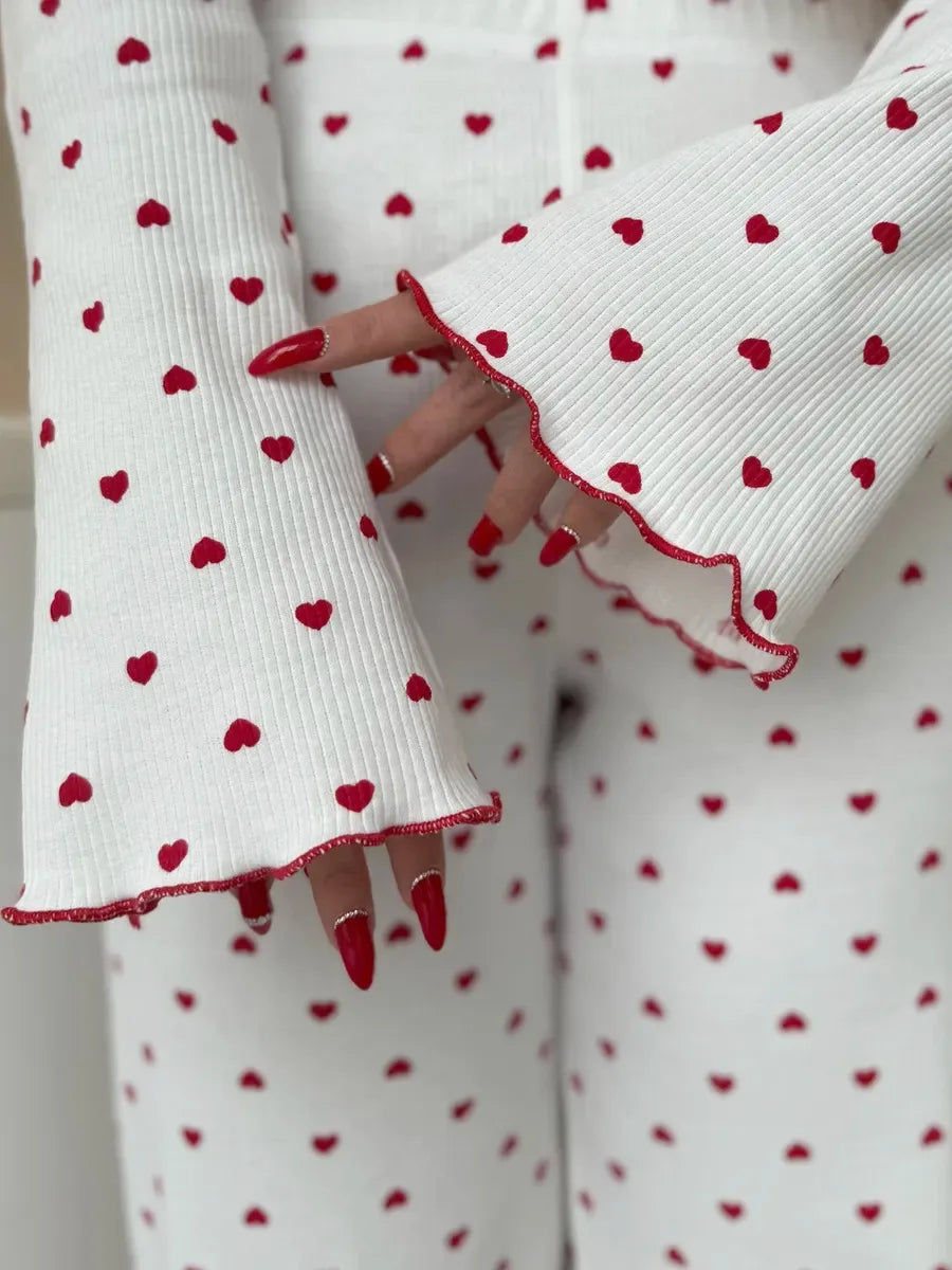 Autumn Winter Pajama Set Women 2pcs Y2K-Style Cherry Print Cuffed-Long-Sleeve Tops and Long Trousers Sleepwear Homewear