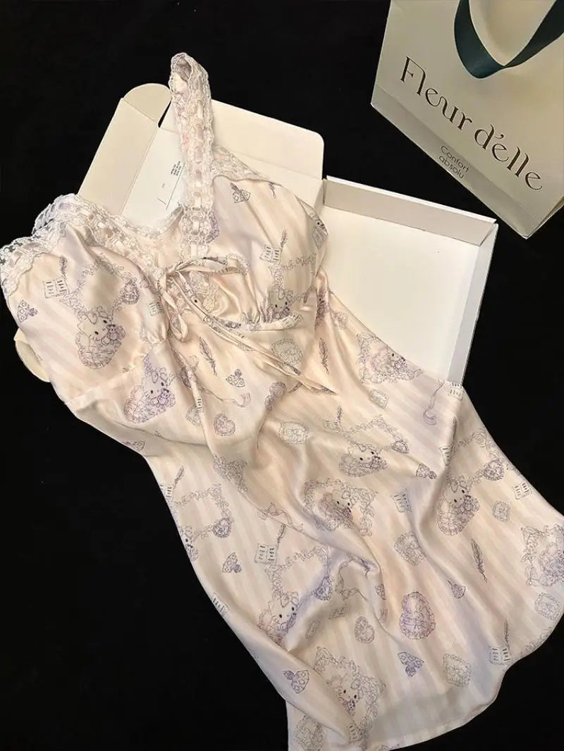 Sanrios Suspenders Nightgown Hello Kittys Ice Silk Pajamas Loose Clothes Simple Trendy Thin Printed Skirt Creative Hot Selling