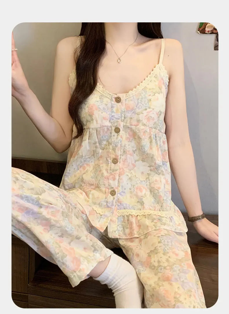 Women's Sleepwear Korean Version Floral Sleepwear Women's Summer Thin Design with Chest Cushion Cloud Cotton Suspender Pants
