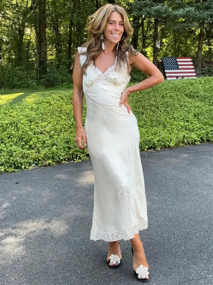 Tossy Fashion Satin Lace Long Dress Women V-Neck Patchwork Hollow Out Sleeveless Lace-Up Dress Evening Female Autumn Maxi Dress