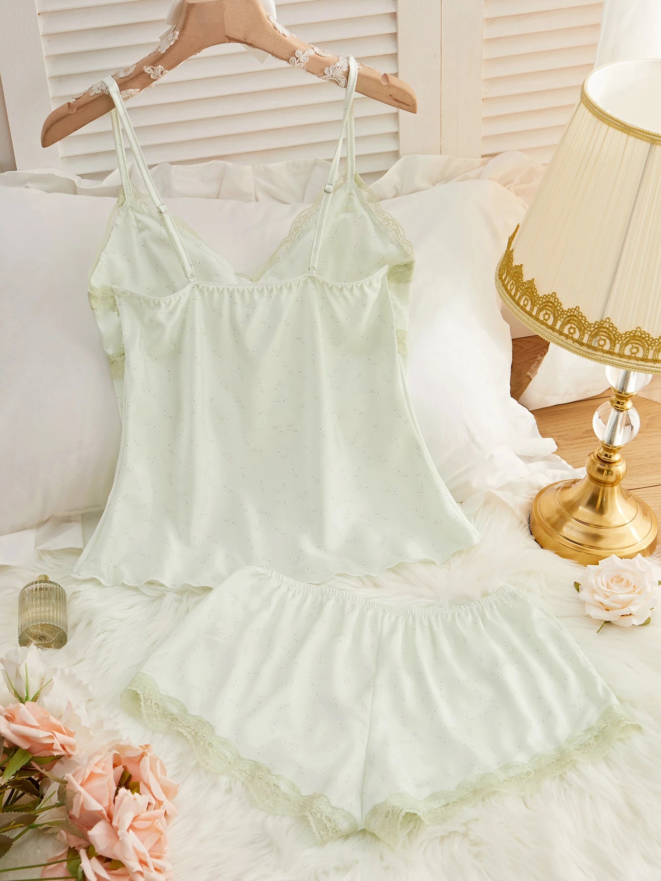Milk silk suspenders Floral Lace Lace green pure sexy suspenders pajama pants women's pajama