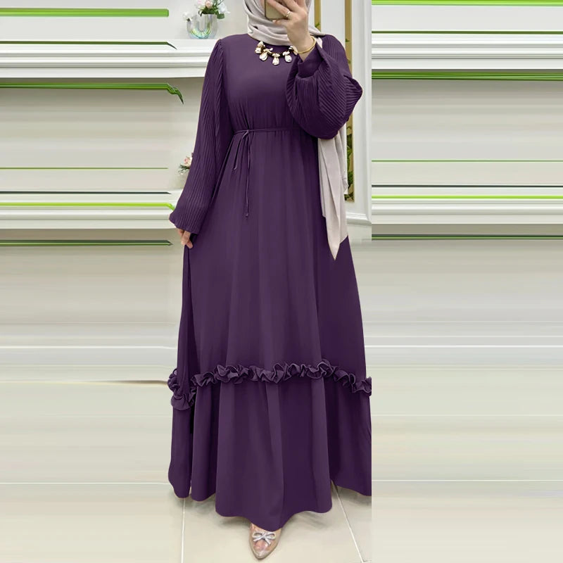 ZANZEA Modest Hijabs Abaya Long Dresses Women Muslim Ramadan O-Neck Pleated Lantern Sleeve Solid Color Ruffles A-Line Robes 3XL
