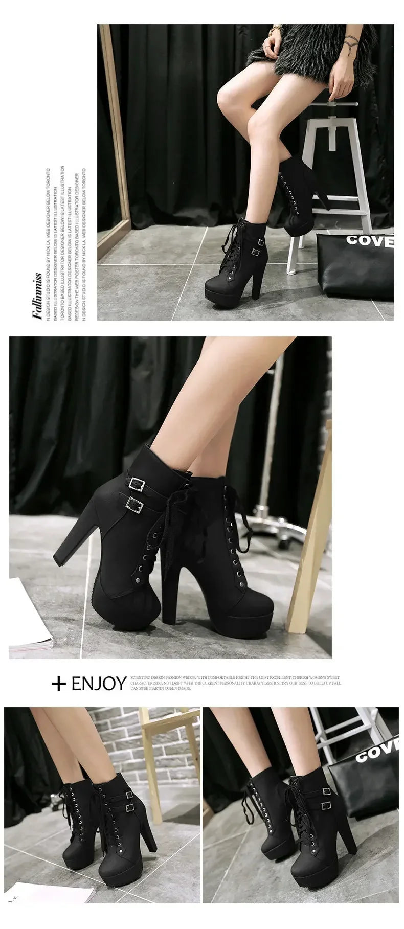 New Women's Pumps Shoes Womens Thick Sole Boots Lace Up Ladies Ankle Boots Comfortable Stiletto Heels Botas Altas Mujer
