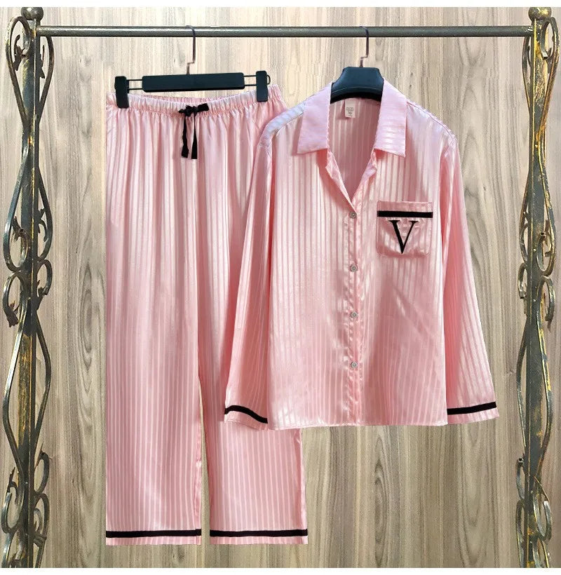 Women Striped Satin Pajama Set Autumn Cardigan Long Sleeve Pants Loose Casual Wear Fashion Classic Pink sleepcoat Two Piece Set