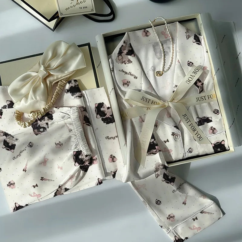 Women's Pajamas Set Fun Cute Print Sleepwear Button Lapel Neck Pajama 2 Piece Suit Pyjama Femme Nightwear Loungewear for Summer