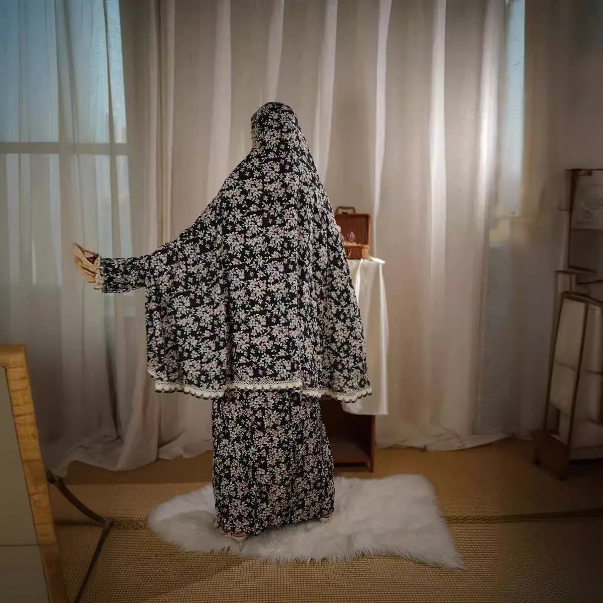 Muslim Outfits Two Pieces Prayer Flower Print Long Hooded Shirts Hijab Maxi Skirt Women Skirts Sets Ramadan Morocco musulman