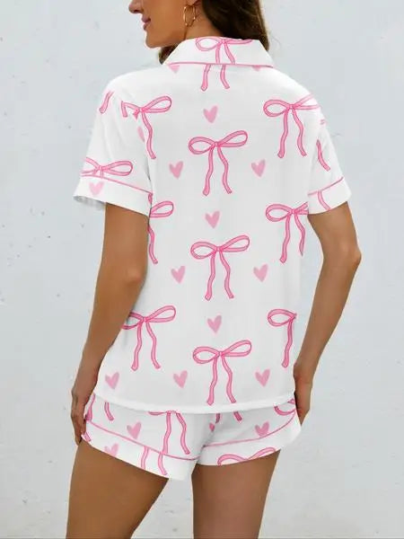 Women's Bow Print Pajama Set, Casual Shirt Collar Soft Top & Elastic Shorts, Comfortable Home Wear for All Seasons