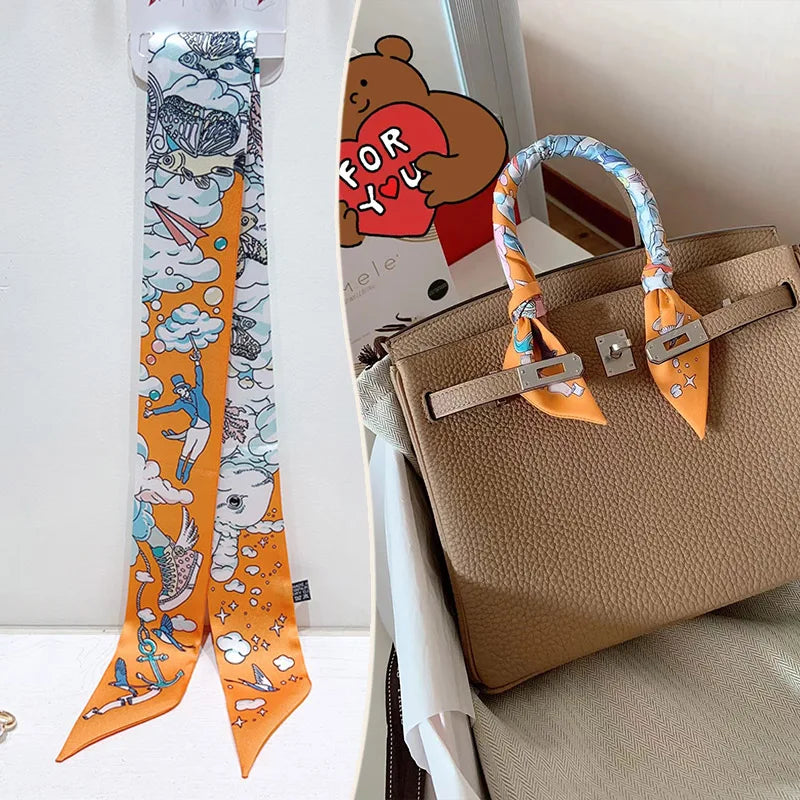 New 2025 simulated silk wrapped bag strap bag handle silk scarf tied bag ribbon decorative small streamer