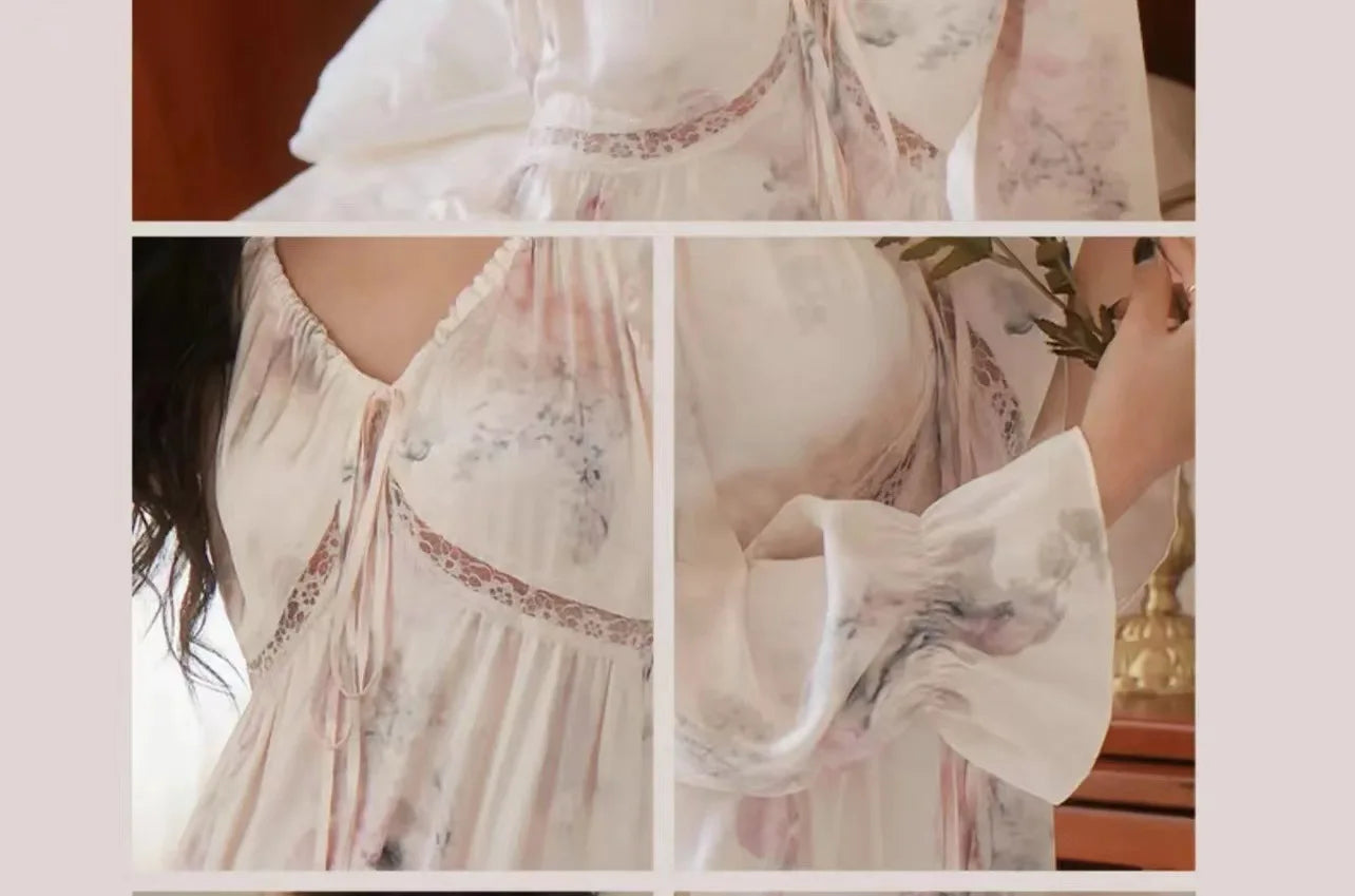 Floral Print Women Nightgown Summer Lace Patchwork Ice Silk Ladies Night Dress Long Sleeve Sexy Lace Up Nightdress for Female
