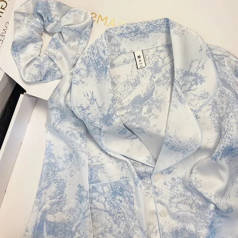 2025 Summer Autumn New Trousers Set Ice Silk Sleepwear for Women Lace Floral Backless Top Pant 2Pcs Pajamas Loungewear Nightwear