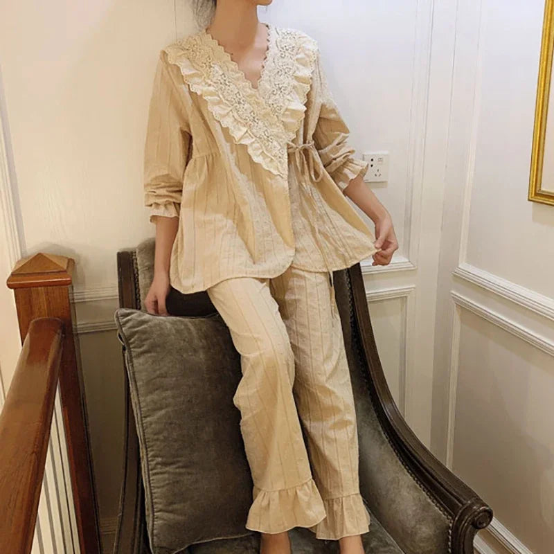 3 Colors Women's Princess Flower Embroidered Lace Pajama Sets.Vintage Lace up Pyjamas Suit.Ladies Home Sleepwear Nightclothes