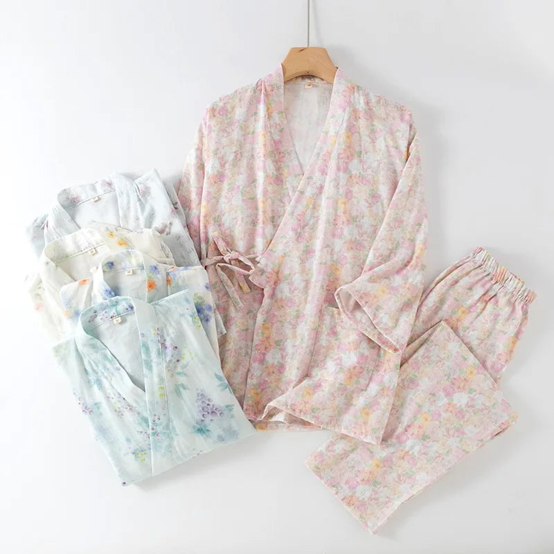 Two-Piece Set Women Home Clothes Cotton Trouser Suits Women Spring Autumn New Sleepwear Floral Pajama Female Homewear
