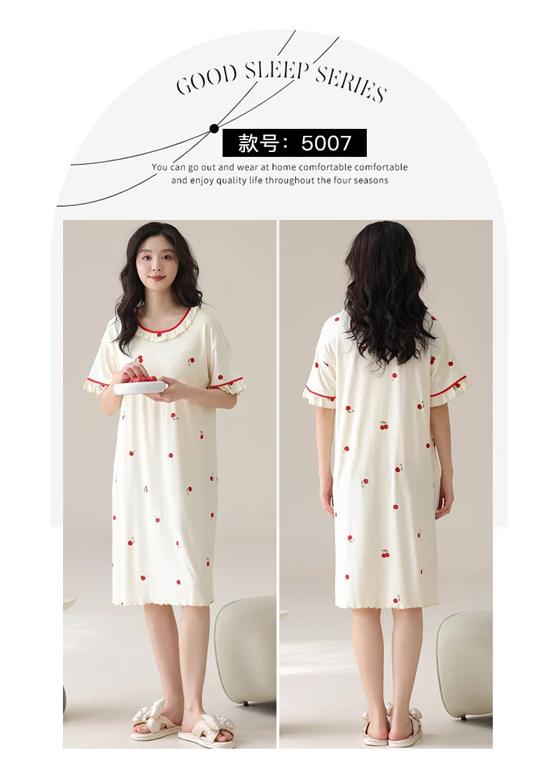 Women Modal Nightdress Small Flower Sleep Dress Short Sleeve Sleepshirt Ruffles Nightshirt Nightgown Sleepwear 4XL5XL Home Dress