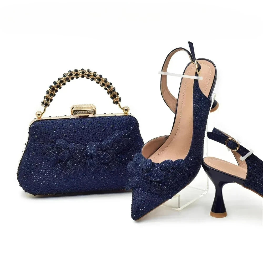 Luxury Italian Shoes and Bag Set for Women Wedding Pointed Toe Women's Pumps High Heel Rhinestones Party Ladies Shoe and Bag Set