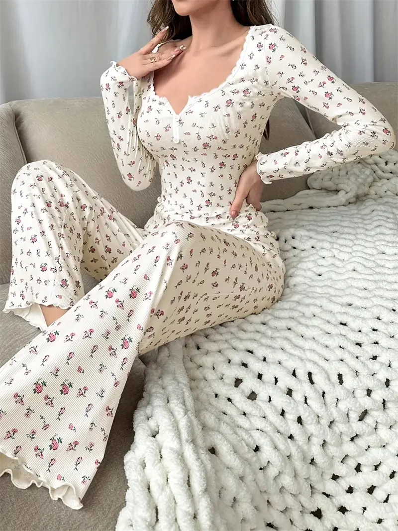 4 Size Choose S M L XL  Apricot Ditsy Floral Women Homewear Set Soft Pajama Set Long Sleeve Top and Pants Loungewear Sleepwear T