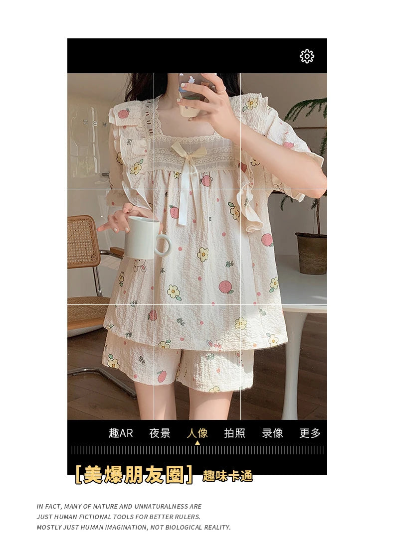 Women's Summer Floral Animal Print Short Sleeve Pajama Set  Cute Cartoon 2-Piece Pajamas Square Collar Kawaii Nightwear