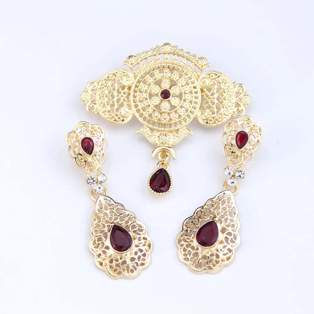 Elegent Arabic Morocco Women Hollow Filigree Brooch Drop Earring Sets Gold Color Bridal Wedding Jewelry Crystal Bijoux