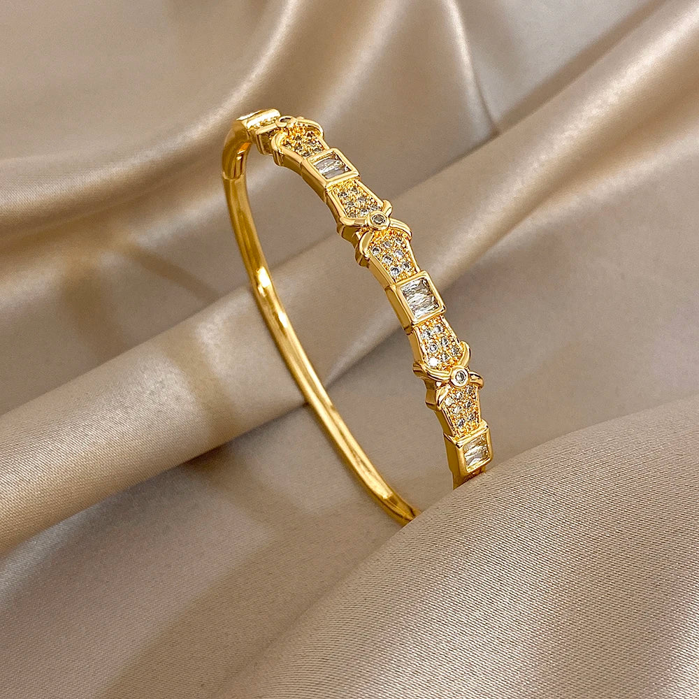 New Stainless Steel Waterproof Cuff Bracelet Bangle For Women Exquisite Shiny Inlaid Zircon Geometric Stacked Jewelry Gifts