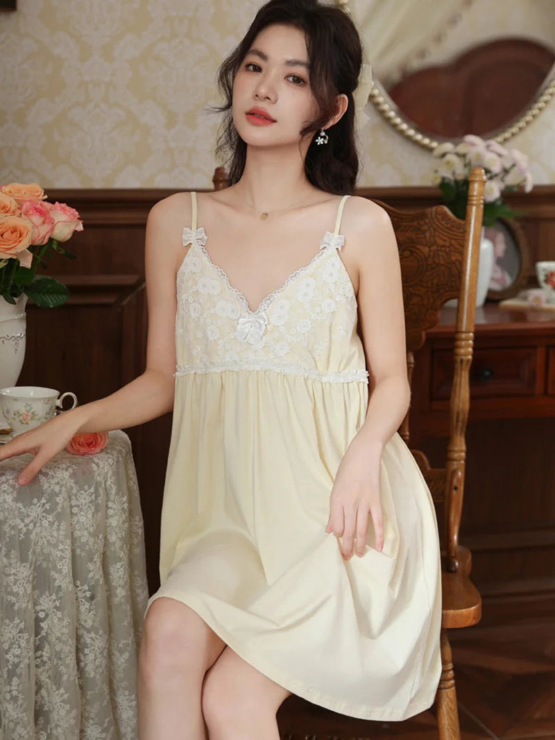 Cotton Strap Sleepwear for Women Summer French Sweet Lace Embroidered Pure Sleeping Dress with Chest Mat Home Clothes