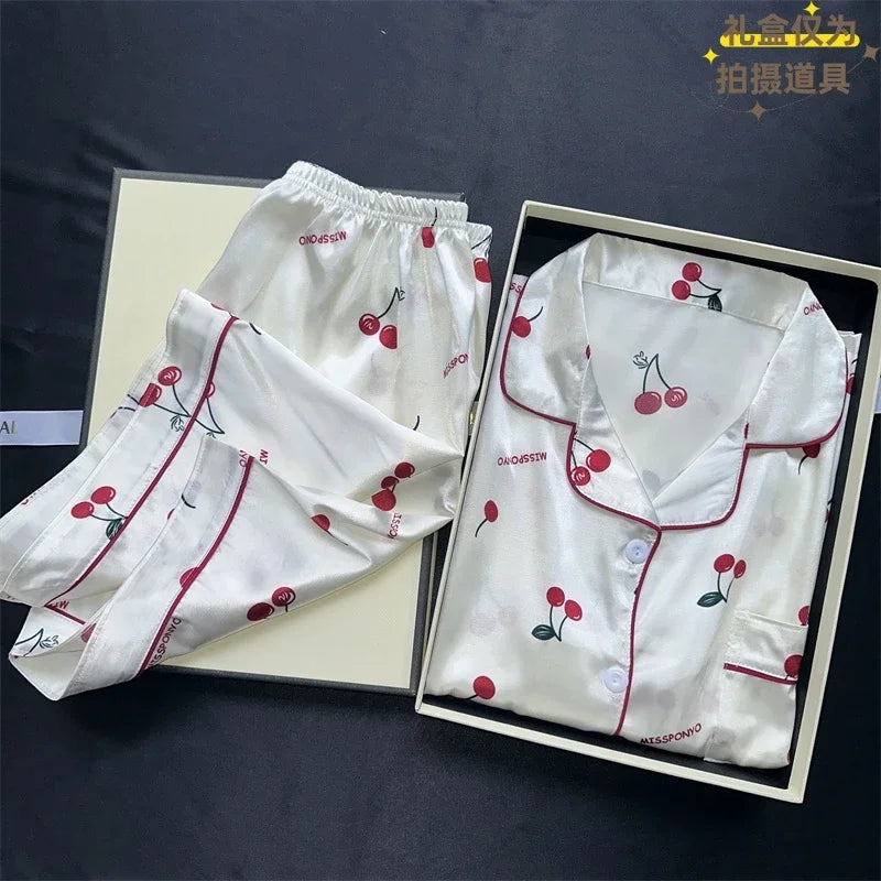 Sexy Women Satin Nightwear Plus Size Short Sleeve Cherry Print Sweet Rayon Sleepwear Top and Pants Shorts Girl Student Pajamas