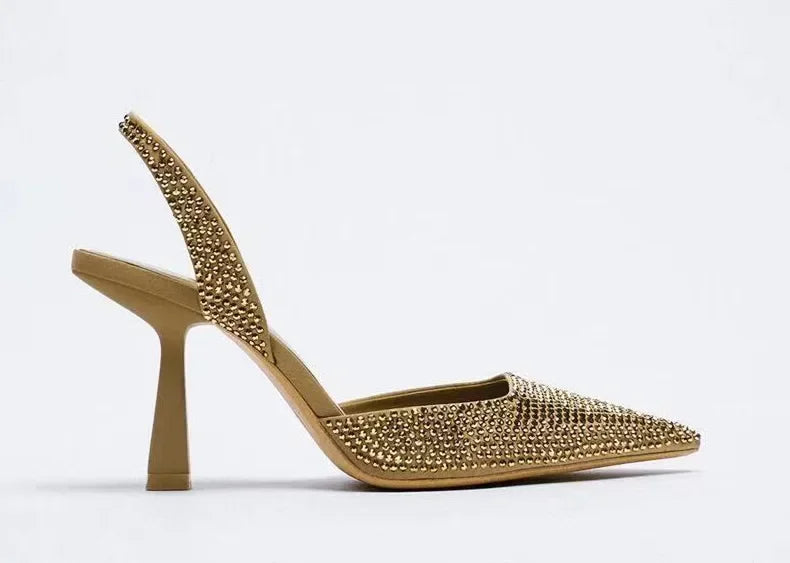 2025 Summer New Brand Women Sandals Fashion Crystal Buckle Slingback High Heels Party Elegant Gold Woman Shoes Sexy Pumps