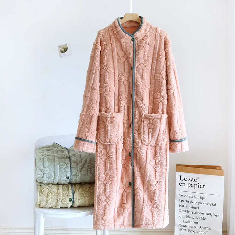 Autumn and Winter 2026 New Women's Nightgown Flannel Sweet and cute Bathrobe Women's Nightdress Stand collar Button Home Dress