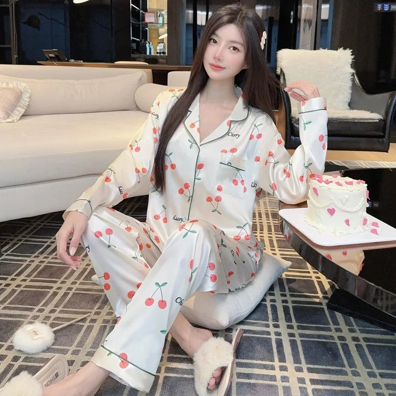 Sweet Cherry Print Satin Long Sleeve Pajama Set Soft Comfortable Loungewear for Women