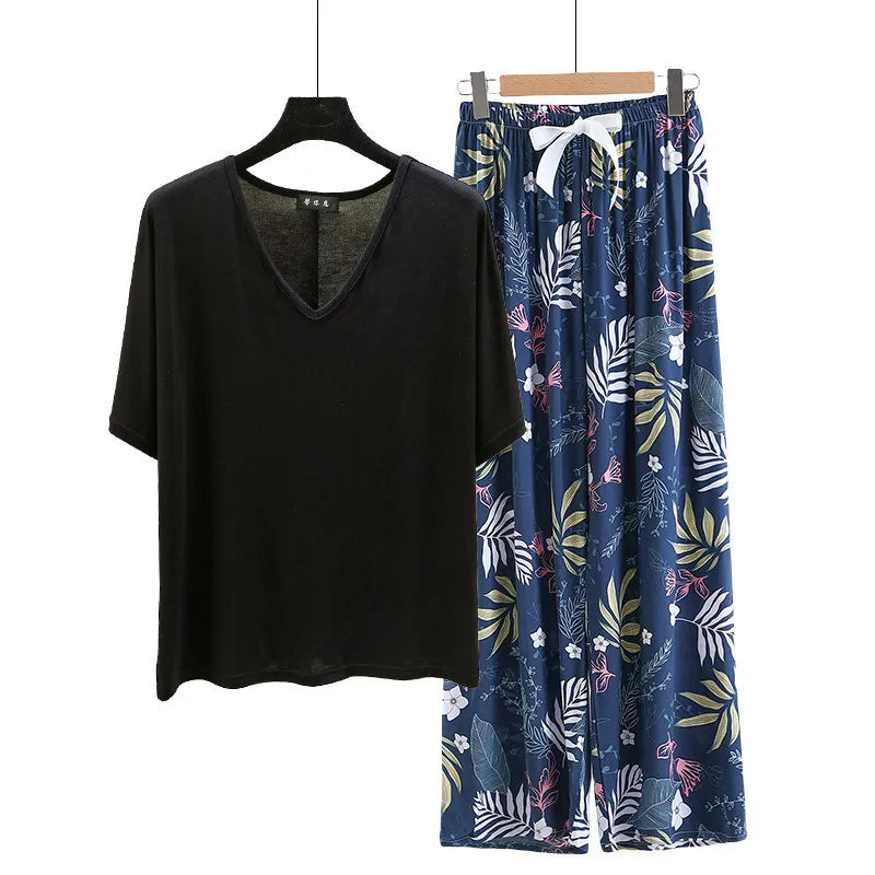 V Neck Tshirt with Poplin Floral wide leg pants summer cool pajamas sets Loose casual homewear suit Rayon Loungewear all match