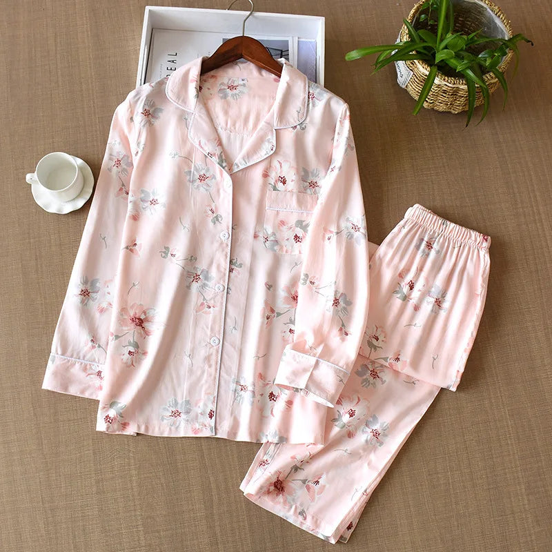 Spring and autumn ladies cute cartoon floral viscose fiber pajamas two-piece long-sleeved home service cotton summer thin shorts