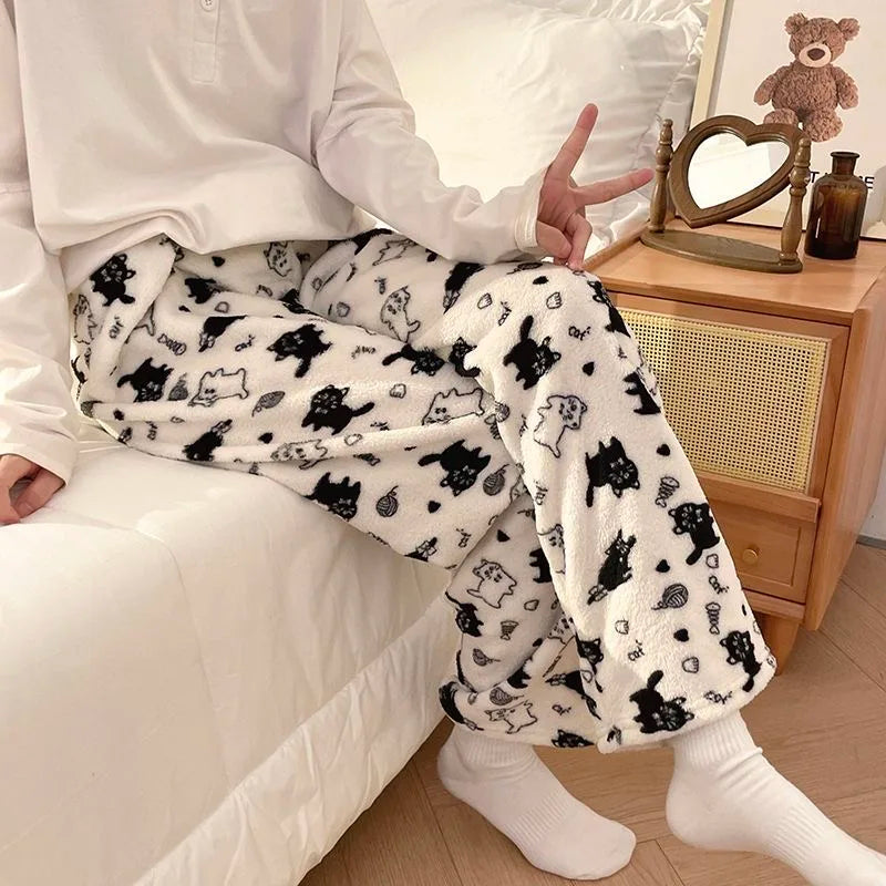 Black Cat Cartoon Pajamas Pants Kawaii Christmas PJS Korean Women Winter Warm Fluffy Flannel Sleepwear Girls Cute PJ Pants