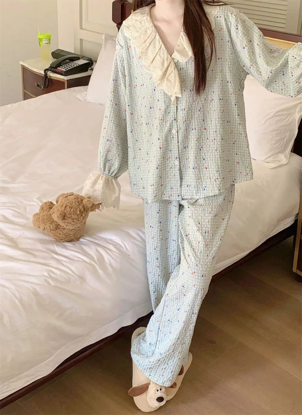 Korean Style Sweet Style Floral Pajamas for Women New Long Sleeve Long Pants Lace Trim Homewear Set Autumn Winter Loungewear Hot