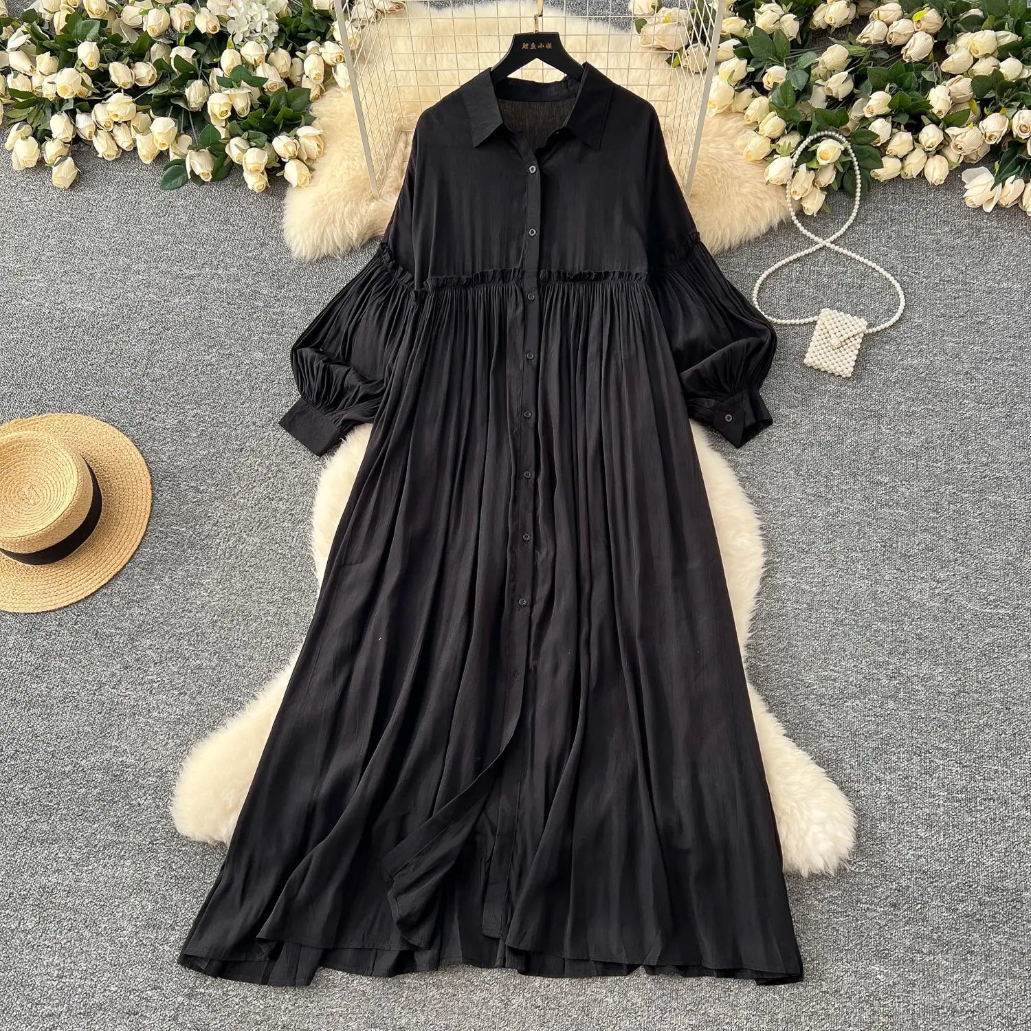 Pleated Dress Women Long Dresses A Line Vestidos Streetwear Lantern Sleeve Elegant Splice Y2k Single Breasted Loose Summer 2025