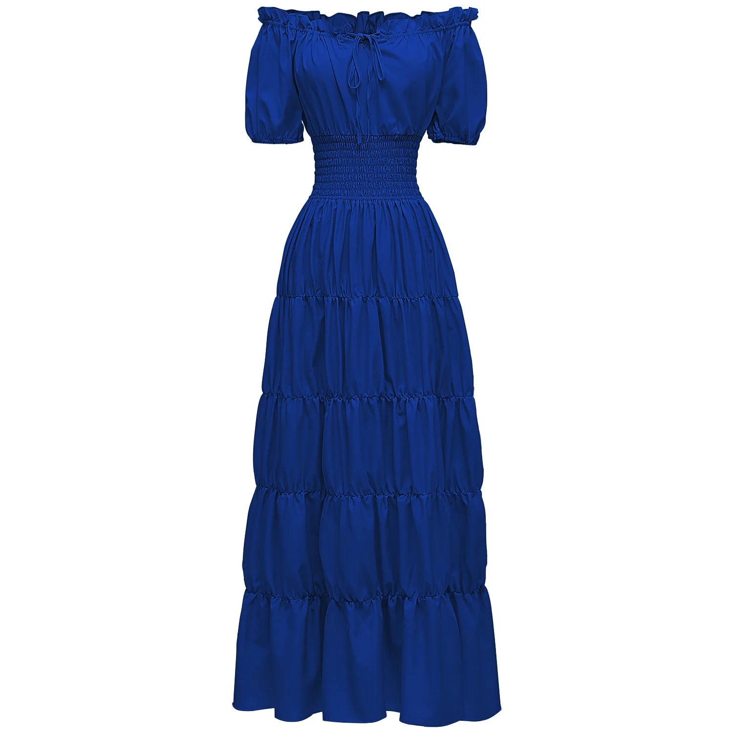 Elegant Medieval Renaissance Dress Boho Short Sleeves Off Shoulder Smocked Waist Retro Pleated Long Dress Costume Gown