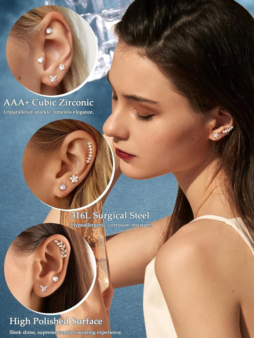 Bobisty Surgical Steel Cartilage Studs Earrings Hypoallergenic Earring Set Flat Back Helix Tragus Piercing Jewellery for Women