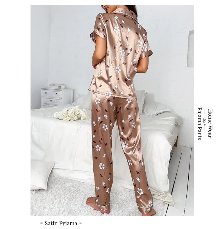 Ladies Floral Print Pajamas Set Autumn Short Sleeve Buttons Top & Elastic Waistband Pants Women's Sleepwear Loungewear Pj Sets