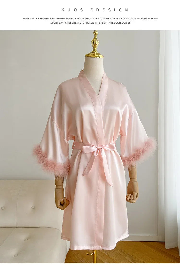 Wedding Bride Bridesmaid Robe Satin Kimono Intimate Lingerie Lady Sexy Feather Sleeve Bathrobe Nightgown Short Sleepwear Onesize