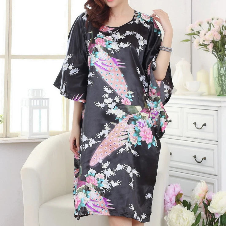 Oversize Female Long Nightgonw Sleep Dress Print Flower Satin Nightwear Home Clothes Spring Summer New Loose Bathrobe Loungewear