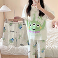 Summer Women's Round Neck Pajama Set Three Piece Short Sleeve+Shorts+Pants Cartoon Home Clothes Set