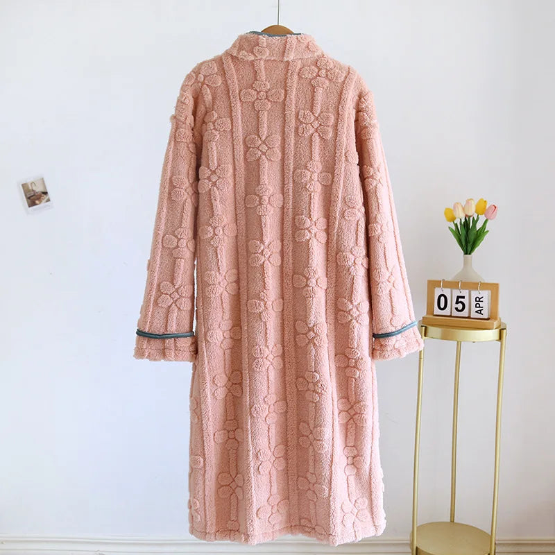 Autumn and Winter 2026 New Women's Nightgown Flannel Sweet and cute Bathrobe Women's Nightdress Stand collar Button Home Dress