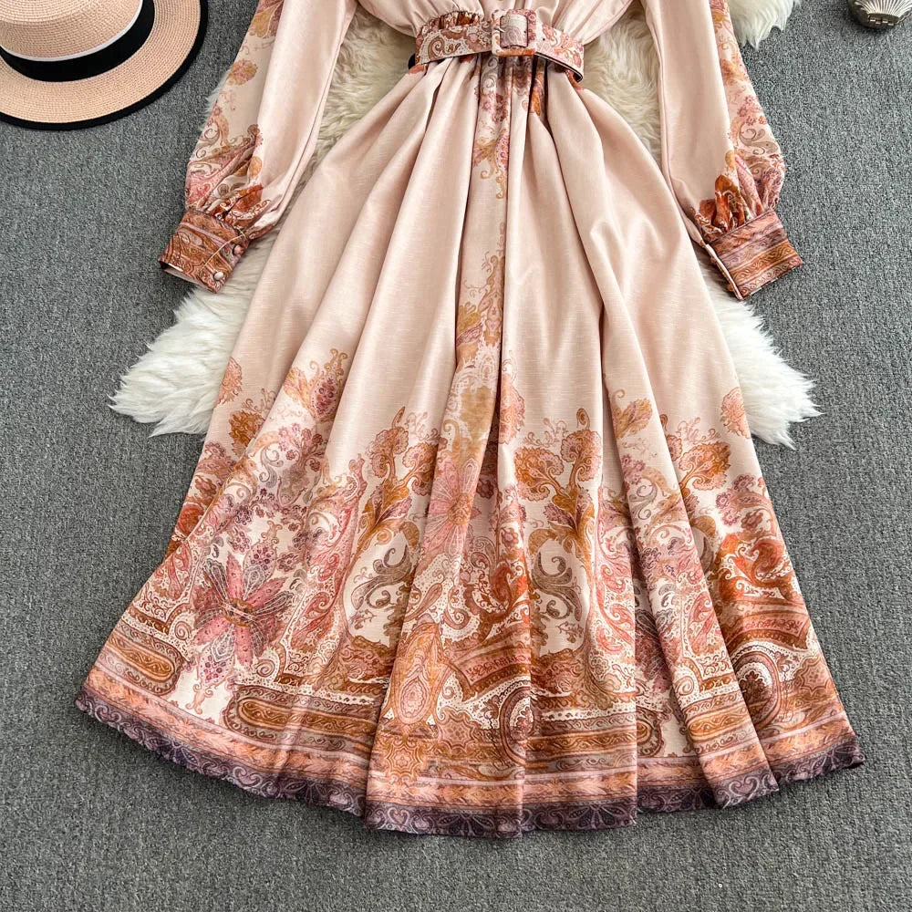 Spring Autumn Retro Palace Style Dress New French Printed Lantern Sleeve Stand Collar A-line Long Dress Femade C110