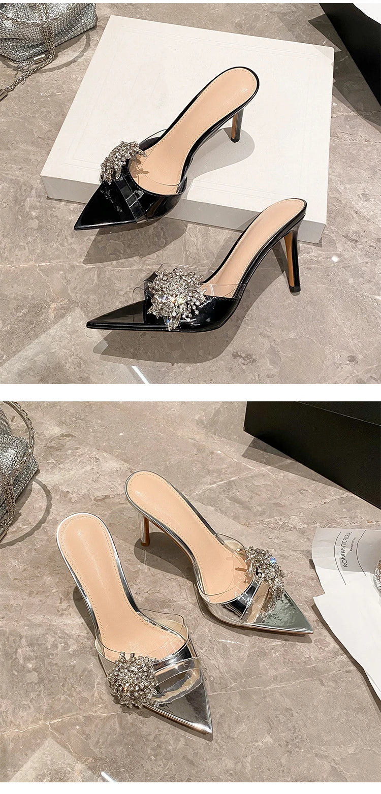 Sexy lady 2026 Diamond-Encrusted Pointed-Toe Mules Women's Sandals Transparent High Heels Sexy Thin Heel Versatile Slipperss