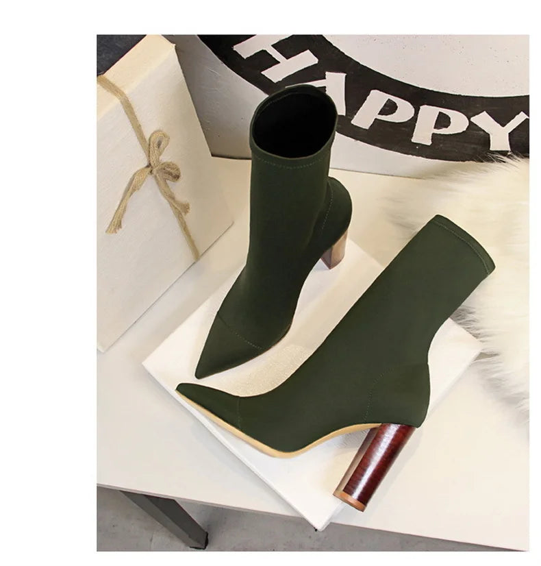 Mid-Calf Boots 2024 New Women Stretch Sock Boots Chunky Block Heels High Heels Silk Shoes Solid Color Short Boots Autumn 3129-3