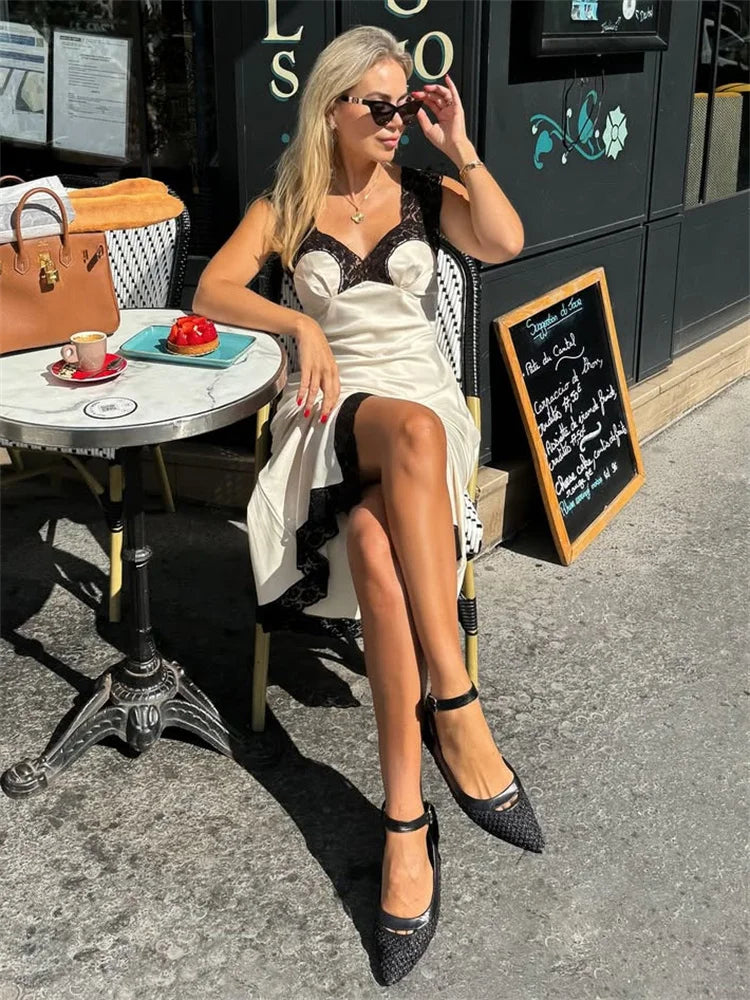 Tossy Fashion Satin Lace Long Dress Women V-Neck Patchwork Hollow Out Sleeveless Lace-Up Dress Evening Female Autumn Maxi Dress